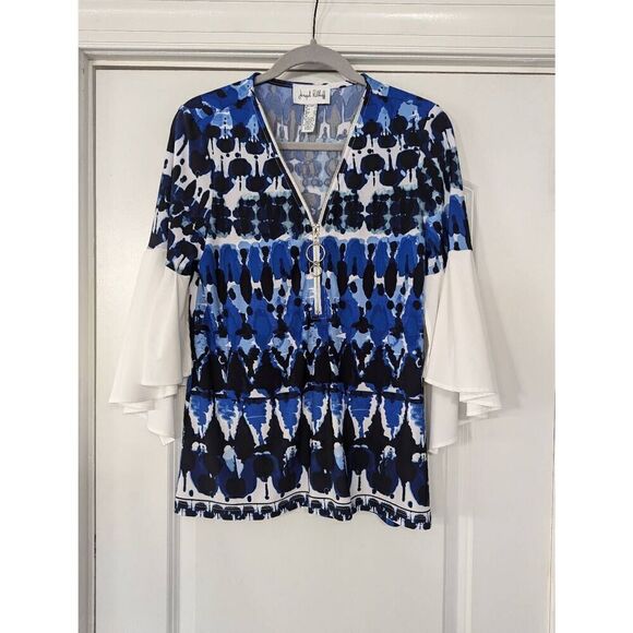 Joseph Ribkoff Blouse women's‎ size 8 blue white bell flowy sleeves zipper close - Picture 1 of 6